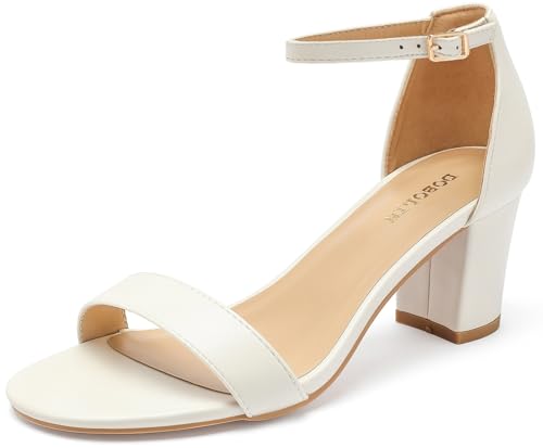 DOBOLIN Wide Width Heels for Women Dress Shoes Heeled Sandals 2.5-Inch Low Block Chunky Ankle Strap Strappy Open Toe Pumps Dressy Wedding Bridal White Size 8.5W