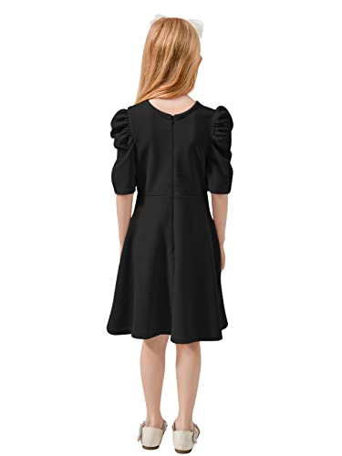 Girls Puff Sleeve A-Line Flared Skater Party Dress Solid Round Neck Flowy Dresses For 6-14Y(Black, 13-14Y) #TOP4