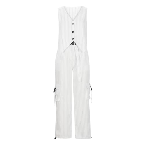 Womens 2 Piece Suits Set Button Down V Neck Vest Sleeveless Tops and Pockets Cargo Pants Trendy Striped Print Outfits3