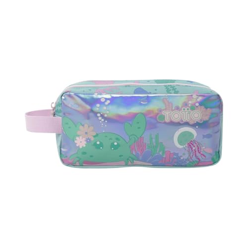 TOTTO - Estuche Escolar Dos Compartimentos, Modelo Reef Friends, Estuche Grande, Dimensiones 23 x 12 x 9 cm, Asa Lateral, con Identificador en Parte Posterior, Compacto y Resistente, Estampado Azul