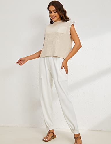 Ameliever Women's Two Piece Outfits Knitted Sweater Sets Solid Pullover And High Waist Pants Lounge Sets(White-L) #TOP2