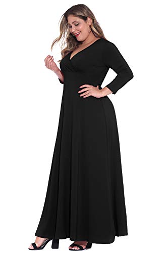 Poseshe Women's Solid V-Neck 3/4 Sleeve Plus Size Evening Party Maxi Dress Black 3X-Large #TOP2