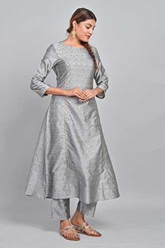Image of Riara Art Silk Women Long Anarkali Kurti with Pant Polka Dot A-line Ladies Ethnic Wear Dress