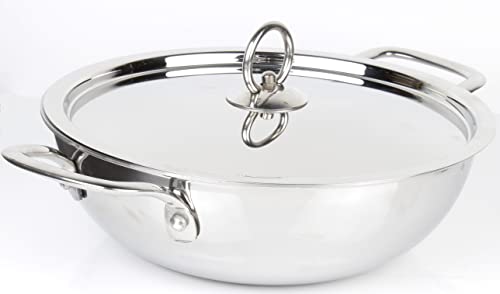Triply Stainless Steel Kadai with Steel Lid | Everyday Pan Stir Fry Pan with Triply Base Saute Chefs Pan with Glass Lid Multipurpose Stewpot Skillet Diameter: 24 cm Capacity: 2.5 L (2.64 Quart)
