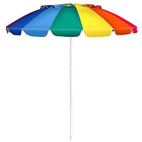 Giantex 8 Ft Beach Umbrella, Patio Sunshade Umbrella with Sand Anchor & Tilt Mechanism, 16 Fiberglass Ribs, Air-Vent Design, Portable Sun Shelter Suitable for Seaside, Backyard, Poolside, Market Entrance (Rainbow)
