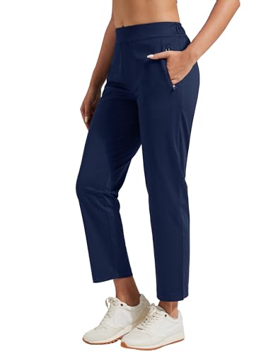 Pioneer Camp Pantalones de golf para mujer, 7/8 largos con bolsillos laterales, pantalones elásticos transpirables para oficina, viajes y deportes, cintura elástica con cordón, pantalones ligeros y