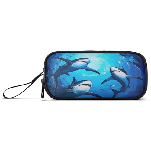 Image of Wfrish Blue Shark Sea Pencil Case Big Capacity for Girl Boy Ocean Seawater Student Pencil bag Pen Pouch Large Stationery 3 Compartments Zippers Organizer School College Office Teens Adults