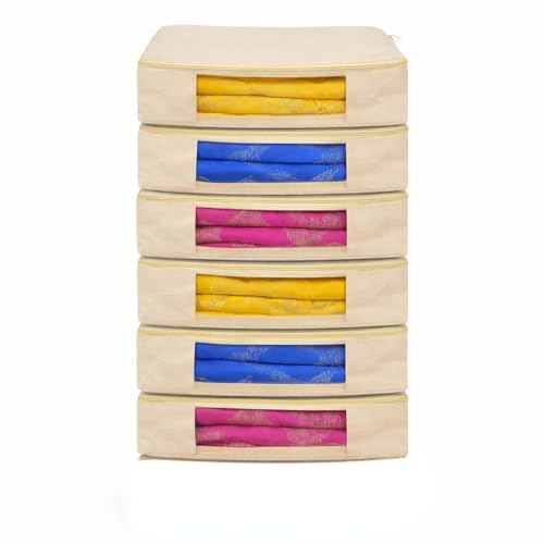 Image of Kottify Cotton Canvas Clothes Storage Bags Pack of 6 | Saree Covers with Zip | Saree & Dress Storage Bags with Zipper | Wardrobe Organizer for Women's Clothes, Lehengas, Suits (16 x 13 x 3 Inch)