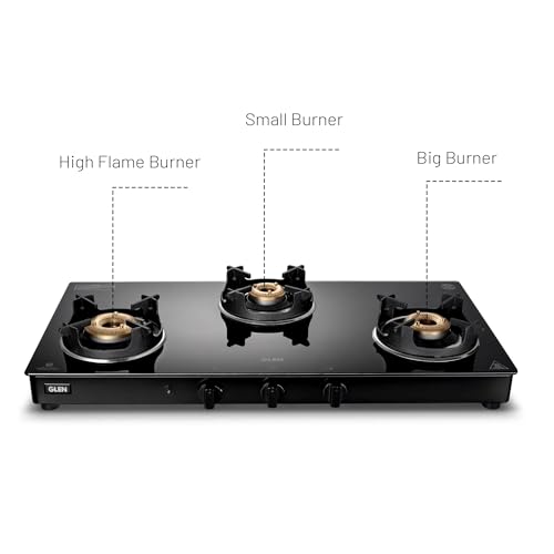 Image of Glen 3 Burner PNG Gas Stove | Toughened Glass Top | Brass Burners | Manual Ignition | 360 Revolving Nozzle | Crown Pan Supports | Black | 5 Years Warranty on Glass, Valve And Burner