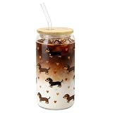 Vaso de bebida de cristal estilo dachshund, 500 ml, con tapa de bambú, pajita de cristal y cepillo de limpieza, regalo para amantes de los dachshunds, ideal para bebidas frías y calientes como el café