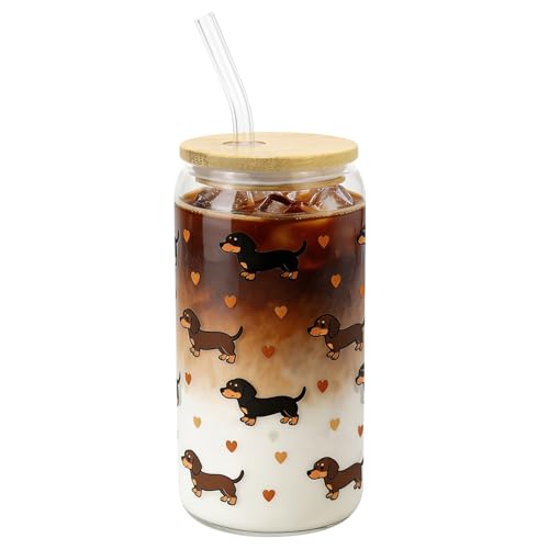 Vaso de cristal de perro salchicha, 500 ml, con tapa de bambú, pajita de cristal y cepillo de limpieza, taza de perro salchicha como regalo para los amantes de los perros salchicha, ideal para bebidas Vaso de cristal de perro salchicha, 500 ml, con tapa de bambú, pajita de cristal y cepillo de limpieza, taza de perro salchicha como regalo para los amantes de los perros salchicha, ideal para bebidas
