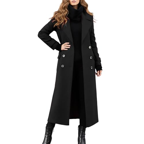 Generisch Abrigo largo de invierno tejido mixto con ropa exterior gruesa y cálida para climas fríos, abrigo de mujer elegante y moderno estilo gabardina, Negro , XL