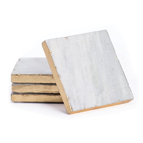 Thirstystone Square White Marble/Gold Edged Coasters (Set of 4), Multicolor