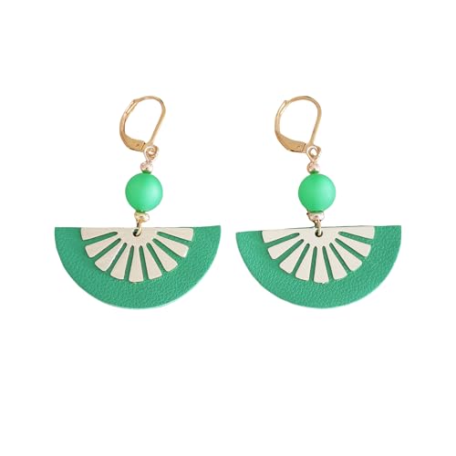 Boucles d'oreilles demi-lune cuir vert prairie dore bijou tendance femme