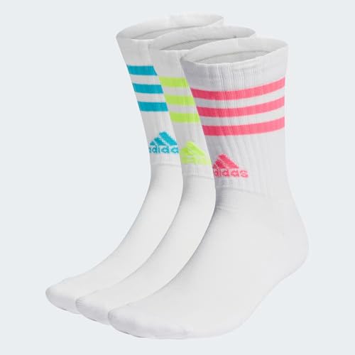 adidas Unisex 3-Stripes Cushioned Crew Socks 3 Pairs, White / Lucid Cyan /...