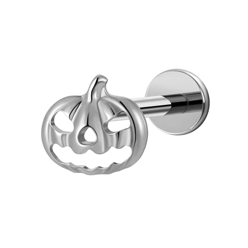 FINE4U 16G Halloween Pumpkin Titanium Earrings - ASTM F136 Titanium Jack O Lantern Stud for Helix Conch Tragus Hypoallergenic Flatback Cartilage Piercing Jewelry