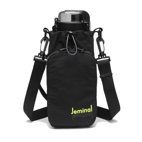 JEMINAL Water Bottle Bag with Phone Holder, Adjustable Shoulder Strap, Nylon Drawstring Bottle Carrier Pouch Fits 20-40 oz Water Bottle, Keychain Hooks for Hiking Camping Walking (Black)