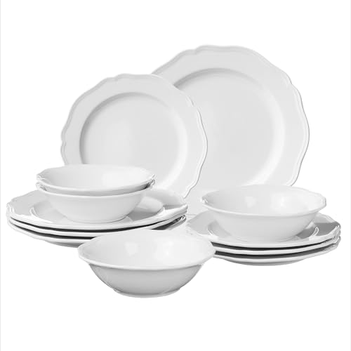 Navaris Set Piatti 12 Pezzi - Servizio Piatti Bianchi di Porcellana per 4 Persone - Eleganti Decorativi e Resistenti - Adatto a Lavastoviglie e Microonde - Bianco
