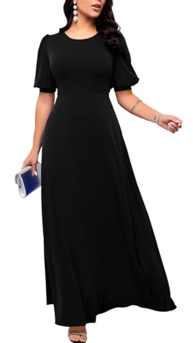 TieBnss Black Maxi Dress for Women 2025 Casual Floor Length Flowy Short Sleeve Round Neck Formal Long Dresses X-Large