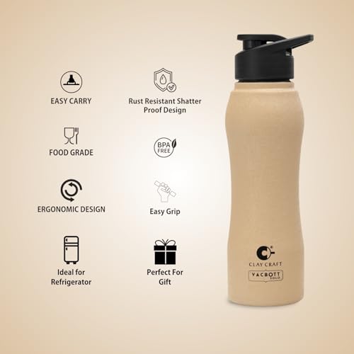 Image of Clay Craft VACBOTT Neo Single Walled Non Insulated Water Bottle-750ML, 2-Piece(Beige) Leak Proof | Easy Grip |Easy To Carry| Gym Bottle | Home | Kitchen | Hiking | Treking Bottle | Travel Bottle