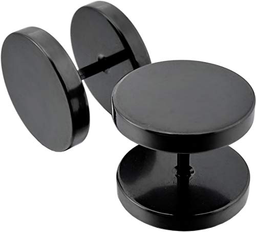 12mm Paire Boucles d’Oreilles Noir Barbell Haltère Vis Piercing Clou à Visser Jeu de Goujon Plug Bouchon Faux Écarteur Ronde Hypoallergénique fake tunnel black...