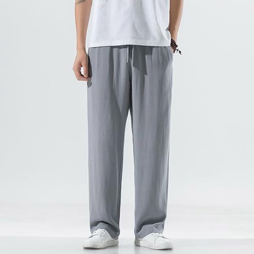Men's Linen Pants Casual Drawstring Waist Breathable Lightweight Linen Pants Baggy Straight-Legs Trouser with Pockets4