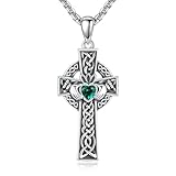 URONE Claddagh Cross Necklace 925 Sterling Silver Celtic Cross Pendant with May Birthstone Irish Jewellery Gifts for Women Men