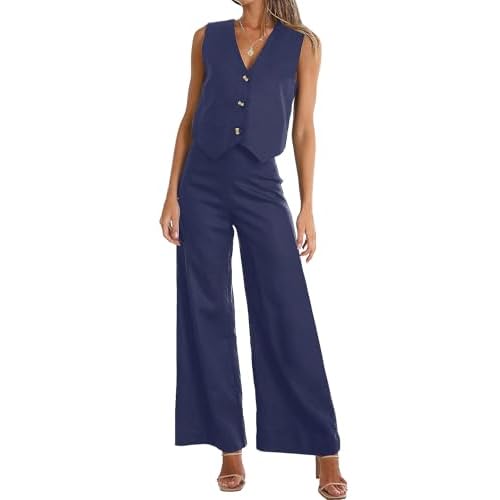ROYLAMP Women's Summer 2 Piece Outfits Button Down V Neck Sleeveless Top High Waisted Wide Leg Pants Matching Set X-Large Navy Blue