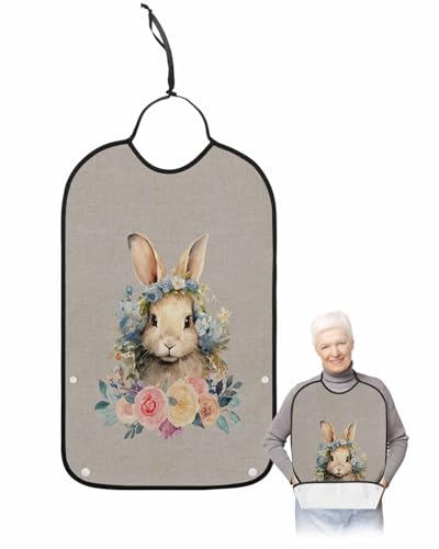 Easter Rabbits Gray Adult Bib for Adults Men, Women, Washable & Adjustable Terry Cloth Bib with Crumb Catcher Reusable Waterproof Clothing Clothes Protector Apron Easter Bunny Spring Rose Flower