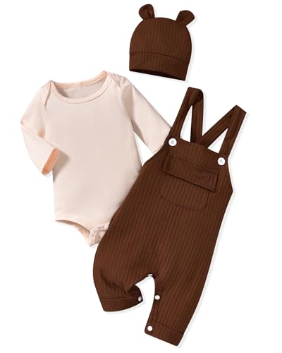 Image of HINTINA Newbrn Baby Boy Clothes Long Sleeve Bodysut Bib Overall Pants Set With Hat Fall Winter Outfits