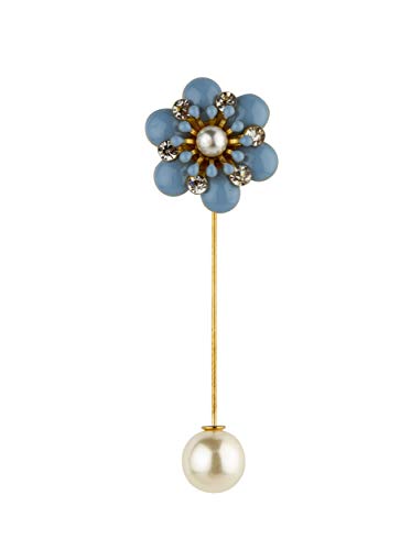 Knighthood Flower with Swarovski and Pearl Detailing Lapel Pin Badge Coat Suit Wedding Gift Party Shirt Collar Accessories Brooch for Men (Blue)