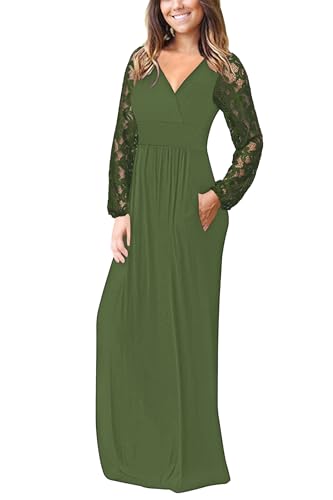 Image of AUSELILY Womens Long Sleeve Maxi Dress 2026 Fall Lace Long Sleeve Dress V Neck Wrap Waist Long Dresses with Pockets