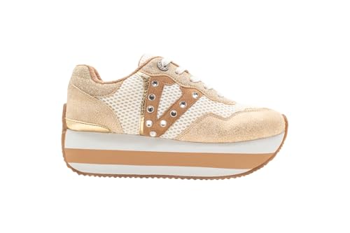 VOLATILE Womens Beckett Rhinestone Metallic Platform Lace Up Sneakers Shoes Casual - Beige, Gold3