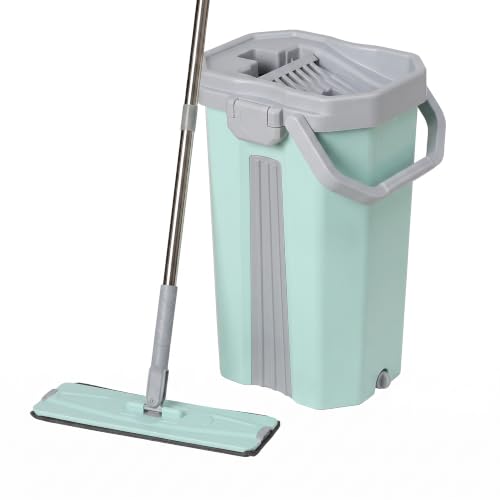 Image of BonKaso Telescopic Flat Mop & Bucket Set with Hands-Free Squeeze System, Microfiber Floor Cleaning Mop for Wet & Dry Cleaning | Includes 2 Reusable Pads for Home, Kitchen, Bathroom & Office | Green