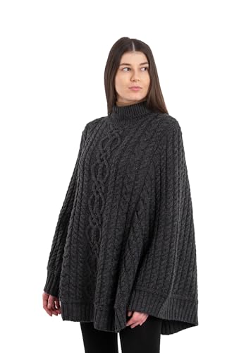 Image of SAOL 100% Merino Wool Cable Knit Ladies Irish Aran Poncho Cardigan