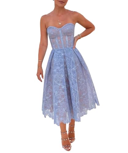 TACSTRUN Frauen Korsett Kleid Sexy Tube Top Spitze Floral Stickerei Midi Kleider Ballkleid Vintage Cocktailkleid,Blau,S