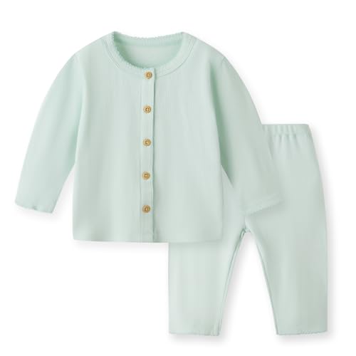SENSENG Natural Dye & Organic Baby Girl Clothes Outfits Top&Pants Ribbed Sets Fall Season for Newborn and Toddler (NATURAL MOONLIGHT JADE, 12-18M)