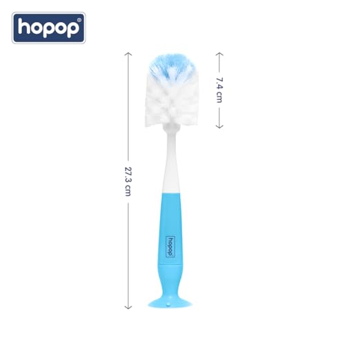 Image of Hopop 2-in-1 Baby Feeding Bottle Cleaning Brush: Durable, Flexible Bristles & Nipple Cleaner, Comfortable Grip, Suction Base for Organized Kitchen - Blue