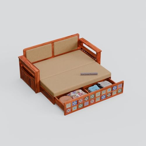 Image of Wooden Sofa Cum Bed for Living Room | Convertible Sofa Bed with Storage | 3 Seater Foldable Sleeper Sofa | Solid Wood Pull Out Sofa Bed with Mattress for Home & Guest Room (Honey, Anna)