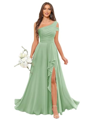 PAVERJER Bridesmaid Dresses for Women with Slit Chiffon Long One Shoulder Ruffles Ruched A-Line Formal Dress