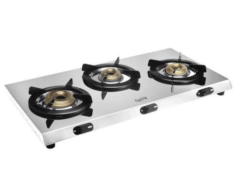 Image of Jyoti Lean 3 Gas Stove 3 Burner Stainless Steel | Direct Flame Forged Brass Burners Burners | Sturdy Pan Supports | Easy Clean Trays | ISI Certified
