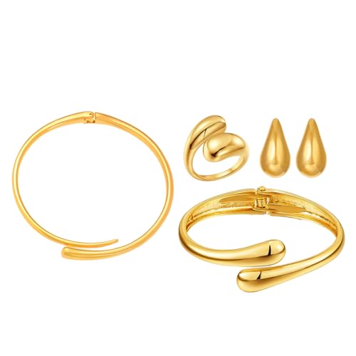 DIMENSIONE REGOLABILE: dimensione del bracciale d'oro: 0,7 pollici/1,8 cm, peso: 0,948 oz/26,9 g. Dimensioni del collare: 5,51 pollici/14 cm, peso: 2,91 once/82,5 g. Dimensioni dell'anello per le nocche: 0,62 pollici/1,6 cm, peso: 0,183 once/5,2 g. Lunghezza degli orecchini: 1,22 pollici/3,1 cm, larghezza: 0,66inch/1,7cm, peso: 0,388oz/11g. Questi gioielli sono flessibili e regolabili. Flessibili e delicati, sono perfetti per essere indossati tutto il giorno.
