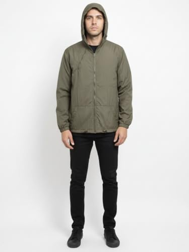 Image of Men Solid Crush Fabric Hooded Windcheater Jacket with Mesh Inner Lining