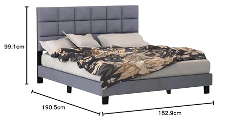 Image of Wooden Upholstered Bed King Size Without Storage | Wrought Iron King Size Cot with Headboard | Double Size Bed for Bedroom | Palang Furniture for Guest Room, Candler Grey, (Candler Grey)
