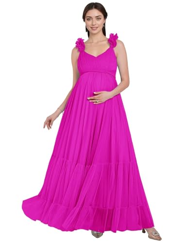 Xijun Women V Neck Tulle Maternity Dresses for Photoshoot A Line 3D Straps Ruffles Long Robes for Baby Shower