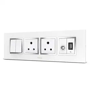 Goldmedal Switch Combo with Cover Plate - Nixon 10Amp Switch (2N), 6Amp Socket (2N) 1 TV Socket, Fast USB Charger (White)