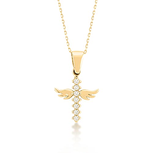 14K Solid Gold Angel Cross Necklace | 14K Real Gold Winged Cross Necklace For Women | Cz Guardian Angel Pendant Necklace | Dainty Religious Jewelry | Gifts For Birthday, 18" #TOP9