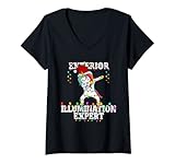 Un gráfico de un unicornio cubierto de luces navideñas bailando para colocar las decoraciones y las luces navideñas, con un texto en negrita que dice Experto en iluminación exterior decorado con deslumbrantes luces navideñas. Un perfecto suéter