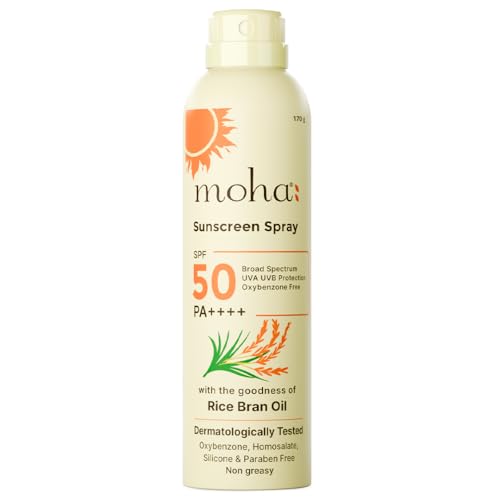 Image of Moha Sunscreen Spray SPF 50 PA++++ | Broad Spectrum UVA /UVB & Blue Light Protection | Lightweight, Non-Sticky, Non-Comedogenic & Alcohol-Free SPF Spray | With US & EU Grade Ingredients | For Teens, Women, Men, Oily & Dry Skin | Pollution Defence, Water & Sweat Resistant, No White Cast, With Rice Bran Oil - 170g