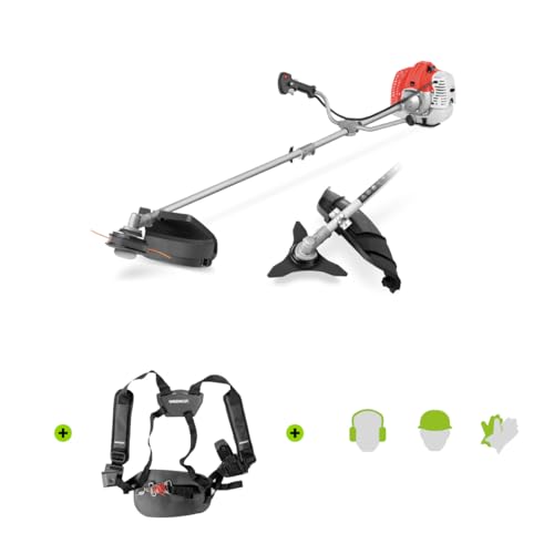 GREENCUT GGT650XE-2 - Desbrozadora de Gasolina 65cc con Arranque Eléctrico, 2 Accesorios de Corte, Manillar de Doble Agarre y Arnés de Seguridad, Ideal para Maleza, Hierba Alta y Limpieza de Terrenos